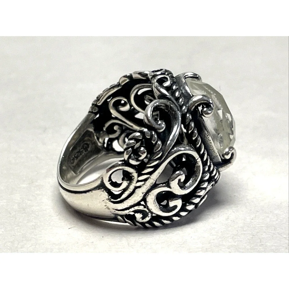 Carolyn Pollack 925 Sterling Silver Faceted Clear Stone Ring Size 7 Ornate